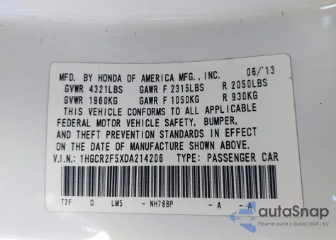 2013 Honda Accord Sport from USA, damaged, VIN 1HGCR2F5XDA214206